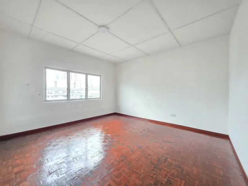 Room features: white painted walls, parquet wood flooring, ceiling light fixture, large windows, city view, no visible furniture, plain ceiling, no visible decor; style: minimalist; view: city.