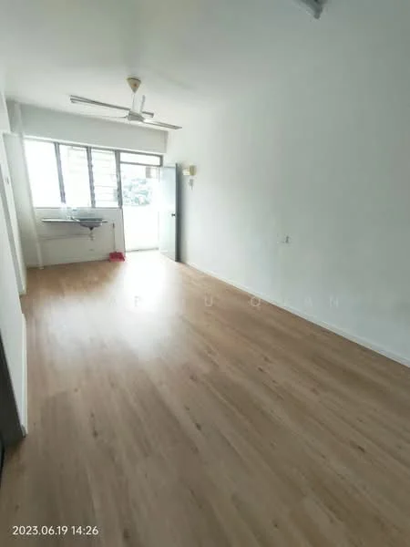 Room features: light wood laminate flooring, white painted walls, ceiling fan, large window with natural light, open layout, door leading to balcony, wall-mounted light fixture, kitchenette area with sink; style: minimalist.