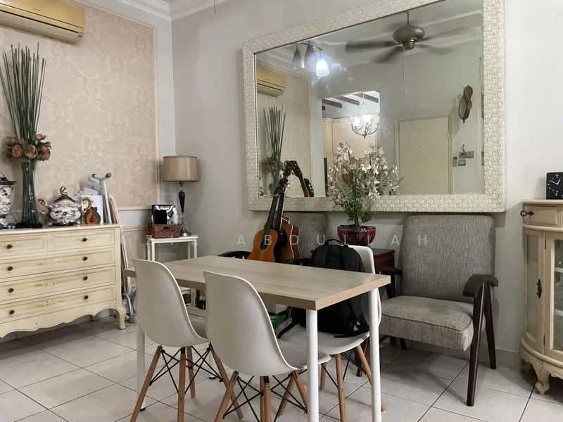 Dining features: white dining table, 4 white plastic dining chairs, decorative mirror, cream wallpaper with floral pattern, ceiling fan, wooden sideboard with decorative items, guitar, armchair, table lamp, ceramic vase with flowers, tile flooring; style: traditional.