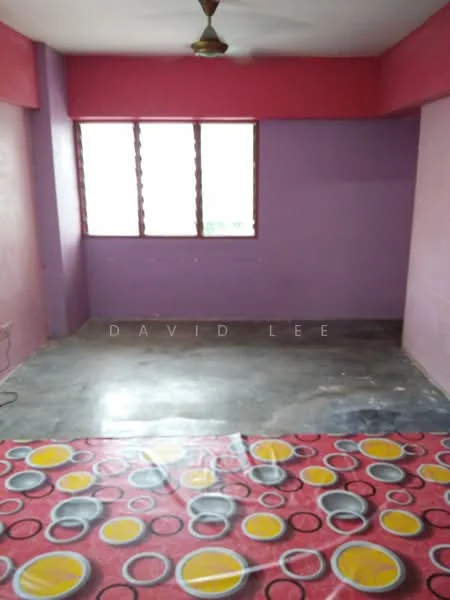 Room features: purple painted walls, pink painted walls, concrete flooring, ceiling fan, large windows, area rug with circular pattern.