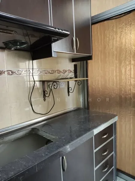 Kitchen features: black granite countertop, dark wood cabinetry, stainless-steel range hood, single-bowl stainless-steel sink, chrome faucet, tile backsplash with decorative border, built-in cabinets, drawer storage, wall-mounted shelf; style: modern.