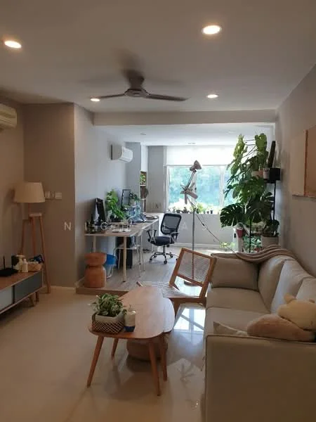 Living features: 3-seater fabric sofa in light grey, wooden coffee table, floor-to-ceiling windows, green indoor plants, desk with chair, wall-mounted air conditioning unit, recessed LED downlights, ceiling fan, laminate flooring, decorative wall art, light grey painted walls; style: modern; view: garden.