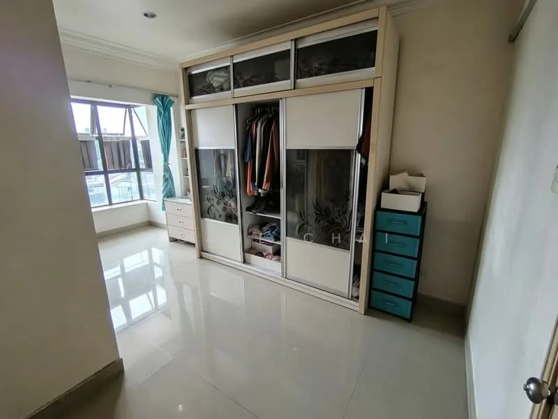 Bedroom features: sliding wardrobe with mirrored doors, built-in drawers, light-colored walls, glossy tile flooring, large window with sheer curtains, natural light, decorative wall trim, blue accent storage unit; style: modern.