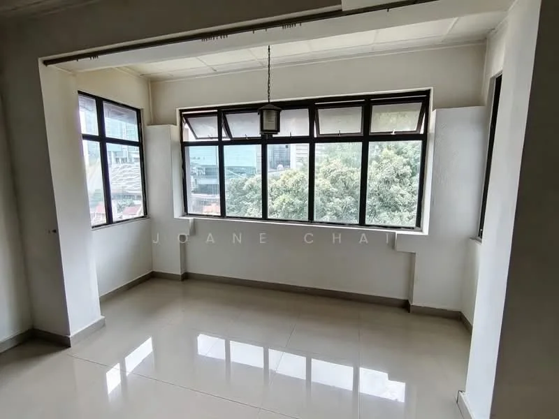 Living features: white painted walls, glossy tile flooring, floor-to-ceiling windows, natural light, city view, hanging light fixture, corner windows, neutral color scheme; style: modern; view: city.