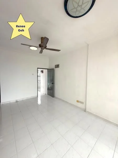 Room features: white painted walls, glossy white tile flooring, 5-blade ceiling fan, ceiling light fixture, single door, window, neutral decor; style: minimalist.