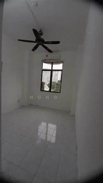 Room features: white painted walls, glossy white tile flooring, ceiling fan, single window with view, natural light from window; view: city.