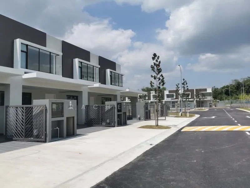 Exterior type: linked terrace house; features: modern facade with grey and white colors, large windows, manicured landscaping with small trees, paved driveway, sidewalks, visible car porches, gated entry, street lighting, open space in front of houses; style: modern.