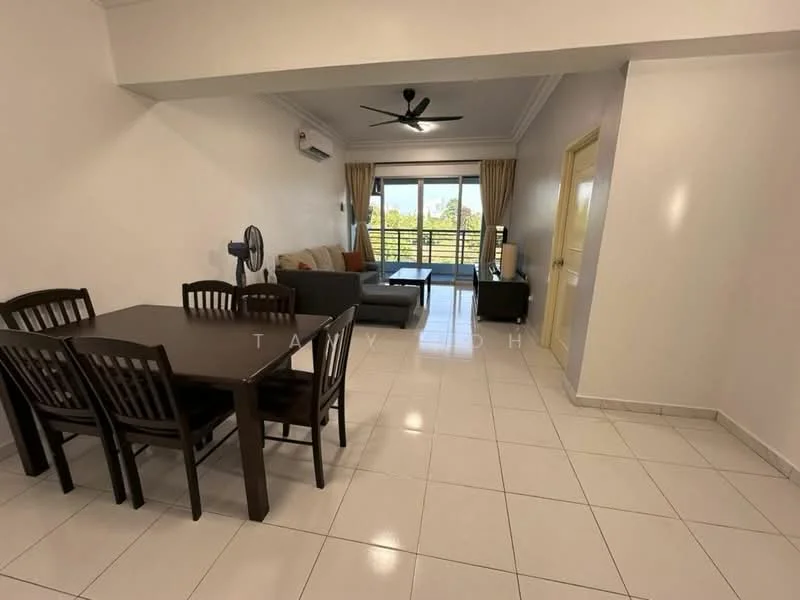 Living features: grey fabric sofa, 3-seater sofa, dining table with 4 chairs, ceiling fan, wall-mounted TV, sliding glass door, floor-to-ceiling windows, white painted walls, tile flooring, curtains, air conditioning unit; style: modern; view: garden.
