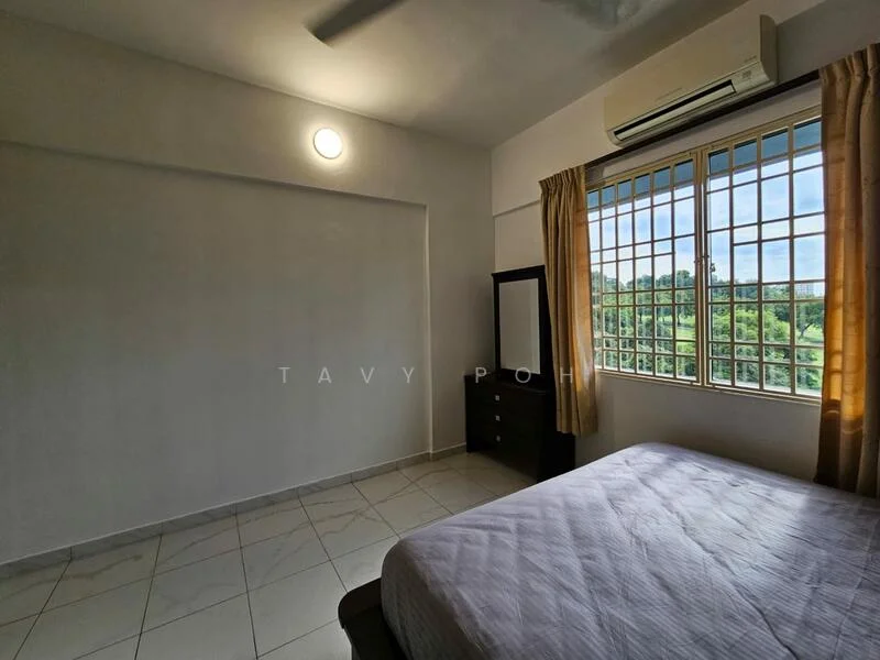 Bedroom features: white painted walls, tile flooring, 1 ceiling fan, floor-to-ceiling windows, curtains, queen-size bed, wooden bedside table, built-in wardrobe, view of greenery; view: garden.