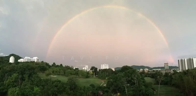 Exterior features: rainbow in the sky, green landscape, hills in the background, urban skyline with buildings, cloudy sky, lush trees.