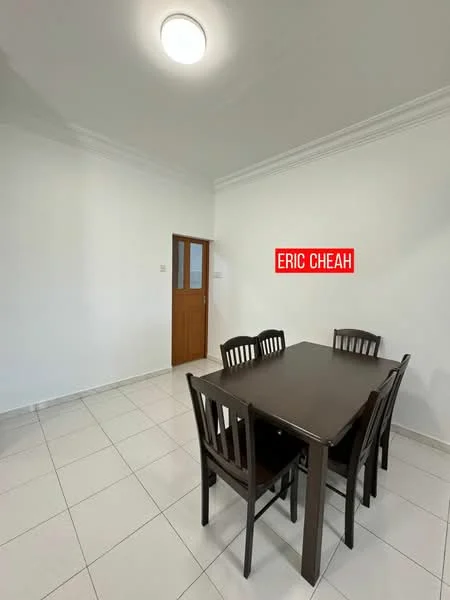 Dining features: white painted walls, tile flooring, ceiling light fixture, wooden dining table, 4 wooden dining chairs, door to adjacent room.
