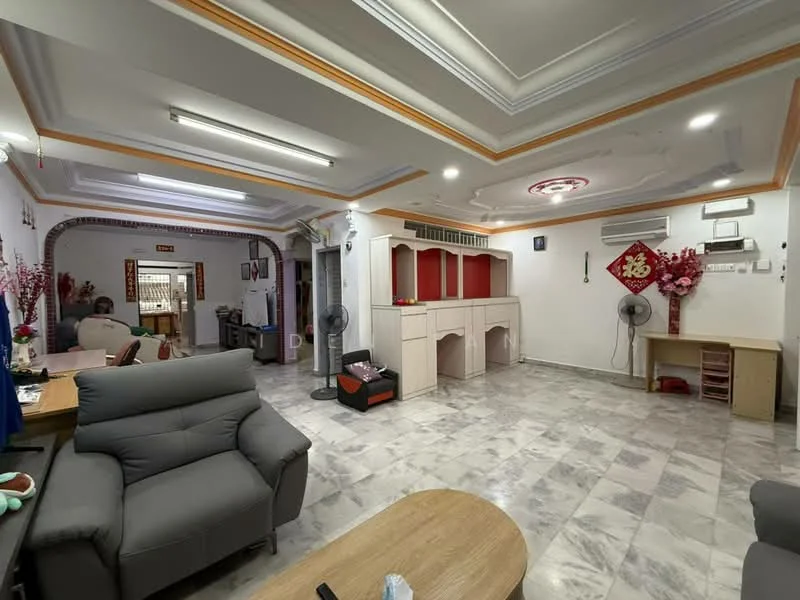 Living features: grey fabric 3-seater sofa, wooden coffee table, marble tile flooring, recessed ceiling lights, ceiling rose, wall-mounted air conditioning unit, decorative wall with red accents, wall-mounted fan, built-in cabinetry with open shelves, decorative flowers in vases, framed artwork on walls; style: contemporary.