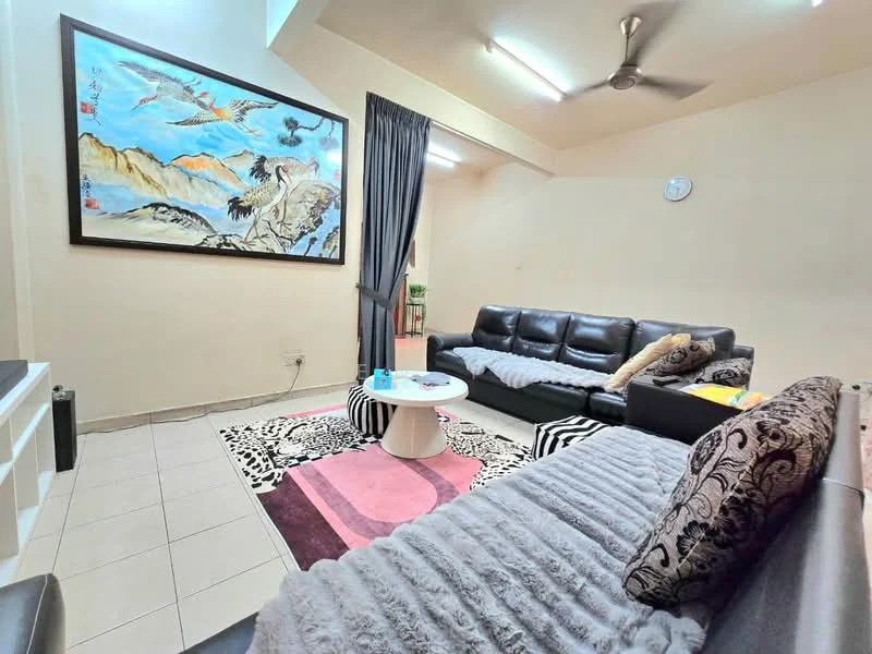 Living features: 3-seater leather sofa in black, 2-seater leather sofa in black, round coffee table in white, area rug with geometric pattern, wall-mounted clock, large wall art with landscape painting, curtains in dark color, ceiling fan with light, tile flooring in beige, decorative throw pillows, plant in pot; style: modern.