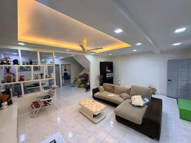Living features: white painted walls, glossy tile flooring, 5-blade ceiling fan with light, recessed LED downlights, L-shape sectional sofa in beige, coffee table, open shelving unit, decorative plants, wall-mounted TV, area rug, neutral color scheme; style: modern. Room features: white painted walls, glossy tile flooring, open layout, visible staircase, storage boxes, various household items.