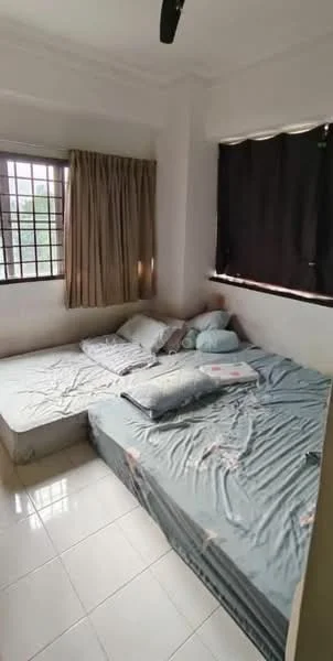Bedroom features: two beds with bedding, white tiled flooring, window with black curtains, window with sheer curtains, light-colored walls, ceiling fan, decorative pillows, built-in platform bed.