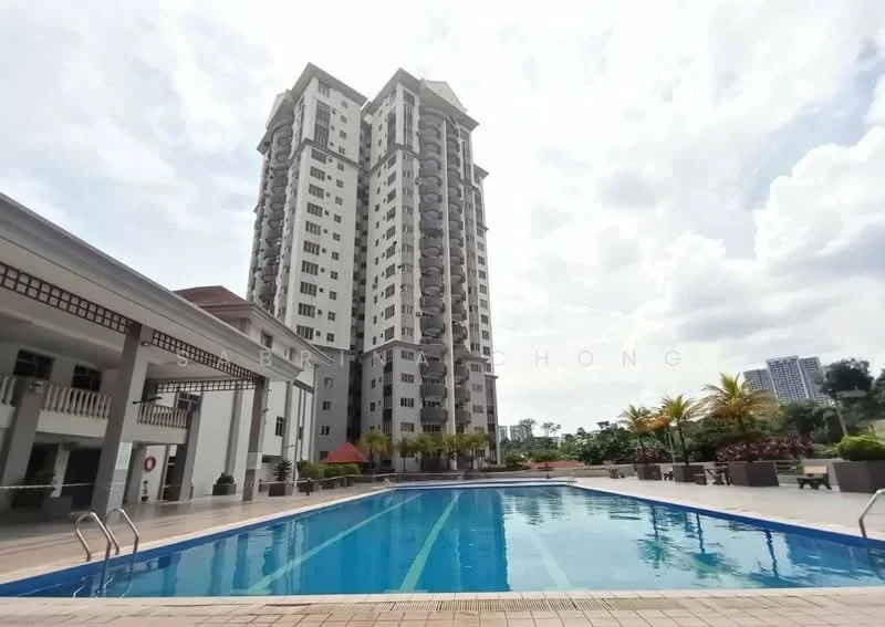 Exterior type: high-rise condominium; features: swimming pool, pool deck with loungers, landscaped garden, multiple storeys, balconies on upper floors, surrounded by greenery, manicured lawn, paved walkway; style: modern.