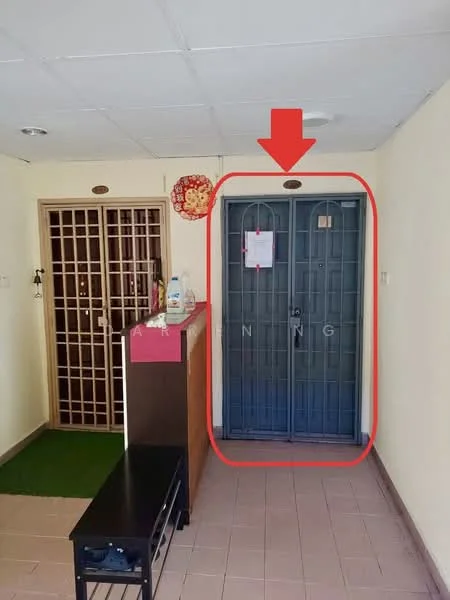 Room features: double metal security door, cream painted walls, tile flooring, reception counter, green carpet mat, ceiling lights, wall-mounted notice board; style: modern.