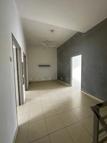 Room features: white painted walls, grey accent wall, tile flooring, ceiling fan, doorway, door frame, light fixture, window opening.
