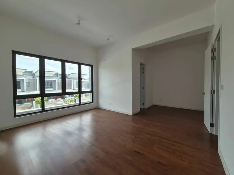 Living features: wooden flooring, white painted walls, tray ceiling, recessed downlights, floor-to-ceiling windows, city view, open layout, natural light; style: modern; view: city. Room features: white painted walls, wooden flooring.
