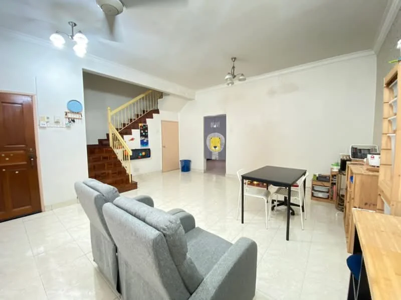 Living features: grey fabric sofa, 2-seater sofa, coffee table, tile flooring, white painted walls, ceiling fan, recessed downlights, wooden shelving unit, microwave, built-in cabinets, staircase, decorative wall art; style: modern.