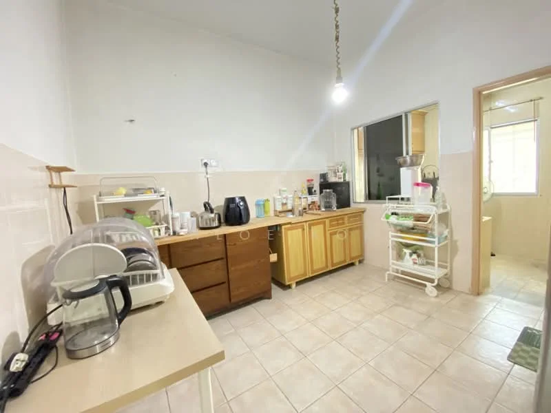 Kitchen features: light beige tiled flooring, white painted walls, wood cabinetry with natural finish, countertop with beige surface, stainless-steel kettle, toaster, coffee machine, microwave, dish rack, open shelving unit, window with natural light, recessed lighting, sink with faucet; style: modern.