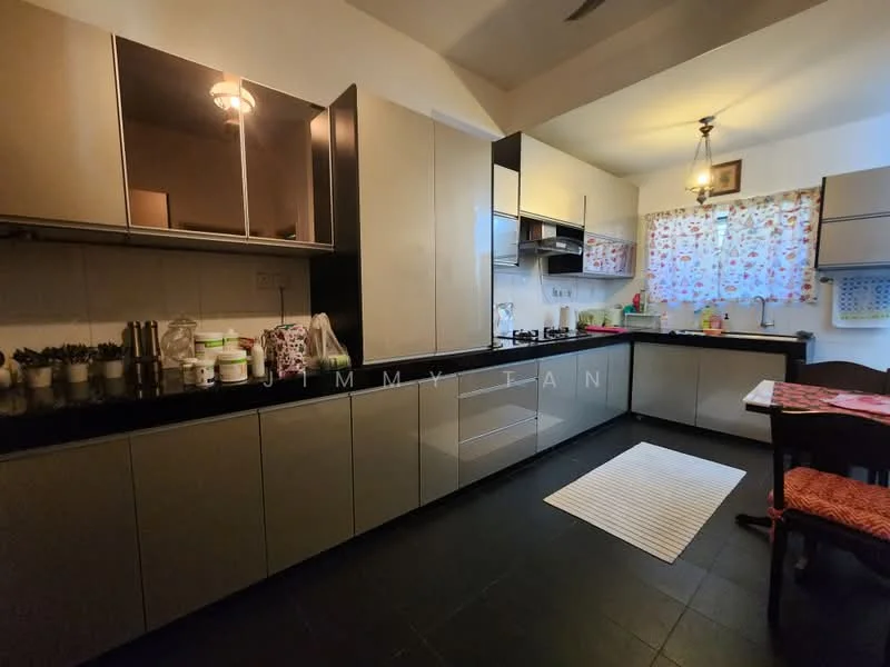 Kitchen features: black granite countertop, grey flat-panel cabinets, stainless-steel sink, chrome pull-down faucet, built-in oven, freestanding gas range oven, microwave, refrigerator, tile backsplash, window with floral curtain, pendant light, area rug, dining table with chairs; style: modern.