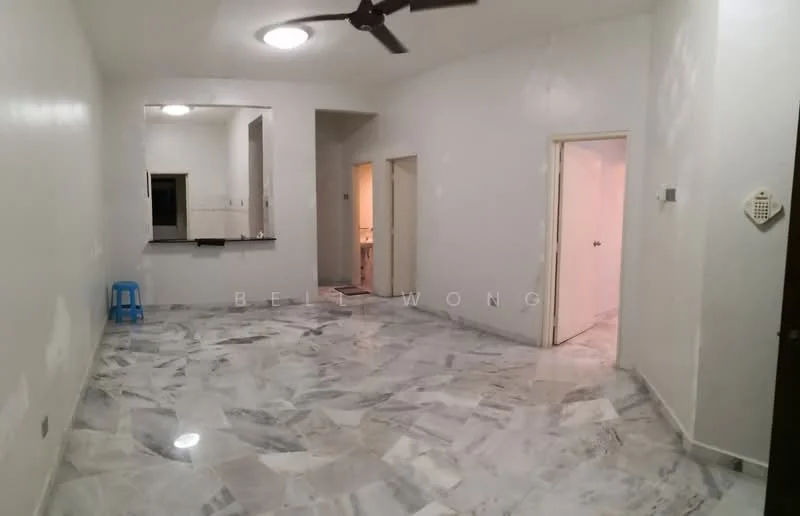 Room features: white painted walls, marble flooring, ceiling light fixture, ceiling fan, open layout, doorways leading to other rooms.