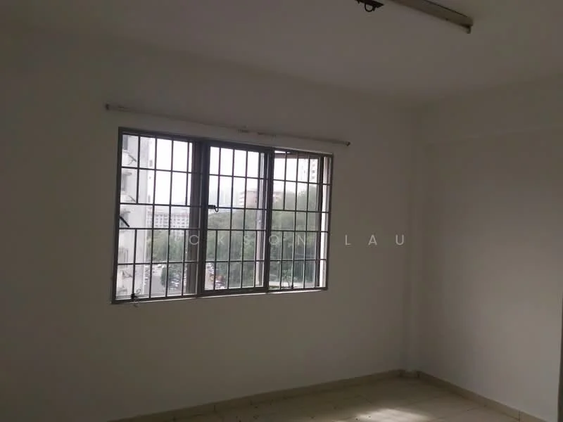 Room features: white painted walls, tile flooring, large windows with metal grilles, natural light from windows, view of greenery outside; view: garden.