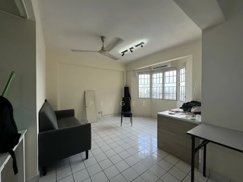 Room features: white painted walls, white tiled flooring, 5-blade ceiling fan, floor-to-ceiling windows, black fabric sofa, mirror, wooden desk, plastic chair, air conditioning unit; style: modern; view: city.