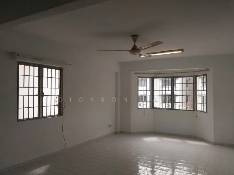 Room features: white painted walls, white tiled flooring, 5-blade ceiling fan, large windows with metal grills, natural light from multiple angles, corner windows, neutral color scheme, open layout; style: modern.