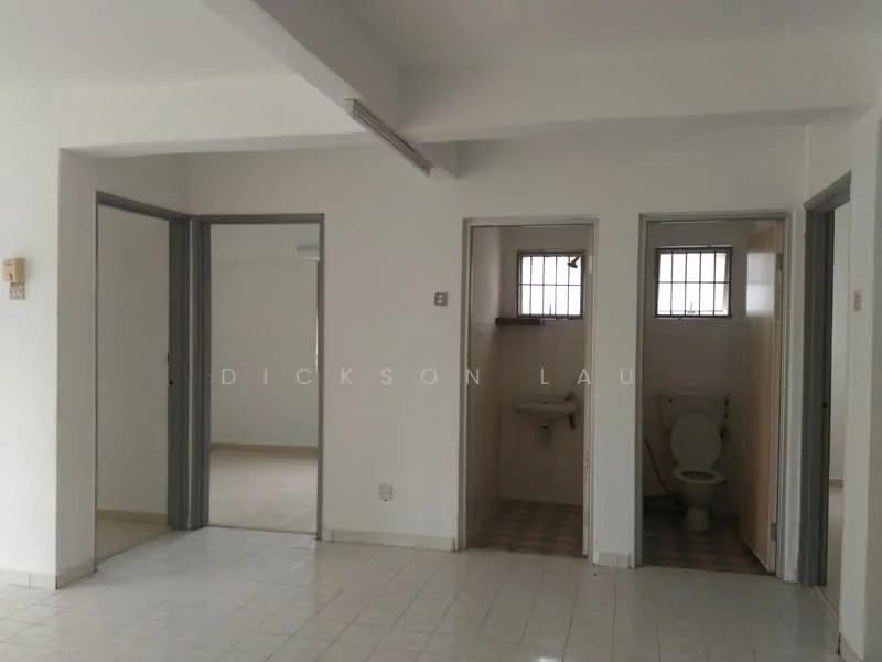 Room features: white painted walls, tile flooring, multiple doorways, window with grid pattern, visible bathroom with toilet, sink in bathroom, neutral color scheme, open layout; style: minimalist.