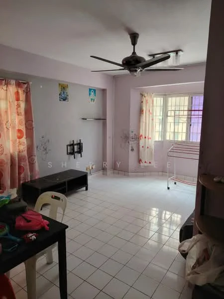 Living features: white painted walls, tiled flooring, 5-blade ceiling fan, large window with sheer curtains, TV wall mount, black coffee table, plastic chairs, clothes drying rack, decorative wall art, area rug.