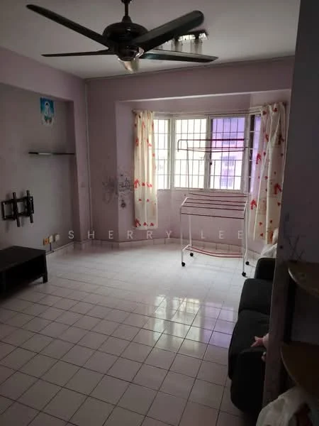 Living features: light purple painted walls, white tiled flooring, 5-blade ceiling fan, floor-to-ceiling windows, sheer curtains, clothes drying rack, black 2-seater sofa, wall-mounted TV bracket, open shelving unit.