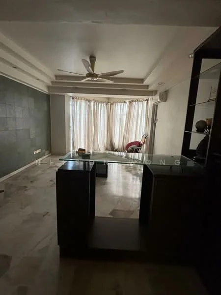 Living features: marble flooring, tray ceiling, 5-blade ceiling fan, floor-to-ceiling windows, sheer curtains, dark accent wall, glass-top coffee table, wooden console unit; style: modern.
