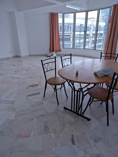 Dining features: round dining table, 4 wooden chairs, marble flooring, floor-to-ceiling windows, curtains in peach color, white painted walls, ceiling lights; style: modern; view: city.