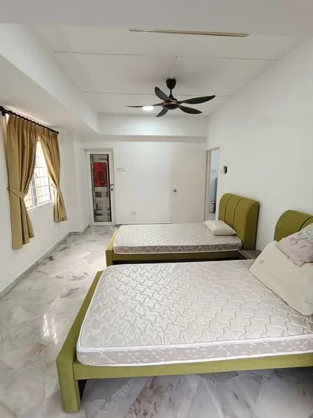 Bedroom features: two single beds with green upholstered headboards, white bedding, ceiling fan with 3 blades, white painted walls, marble flooring, curtains in beige, window with grid pattern, doorway leading to another room; style: modern.