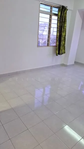 Room features: white painted walls, glossy ceramic tile flooring, large window with grid pattern, green curtain, neutral color scheme, no visible furniture, bright lighting, spacious layout; style: modern; view: city.