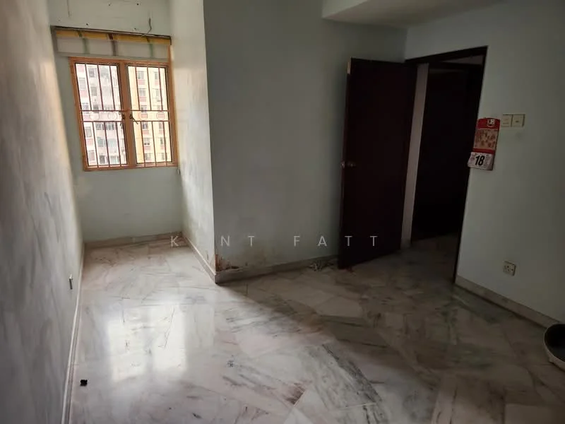 Room features: marble flooring, white painted walls, single window with wooden frame, door to adjacent room, light switch, numbered door plate.