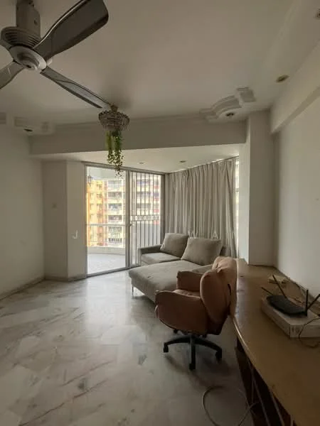 Living features: marble flooring, white painted walls, 5-blade ceiling fan, floor-to-ceiling windows, sliding glass door, sheer curtains, sofa, wooden desk, office chair, hanging plant; style: modern; view: city.