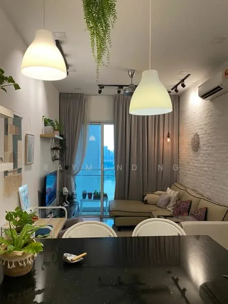 Living features: light grey sectional sofa, coffee table, wall-mounted TV, white painted walls, exposed brick wall, recessed downlights, pendant lights, floor-to-ceiling windows, sheer curtains, greenery in ceramic pot, decorative wall art, area rug; style: modern; view: city.