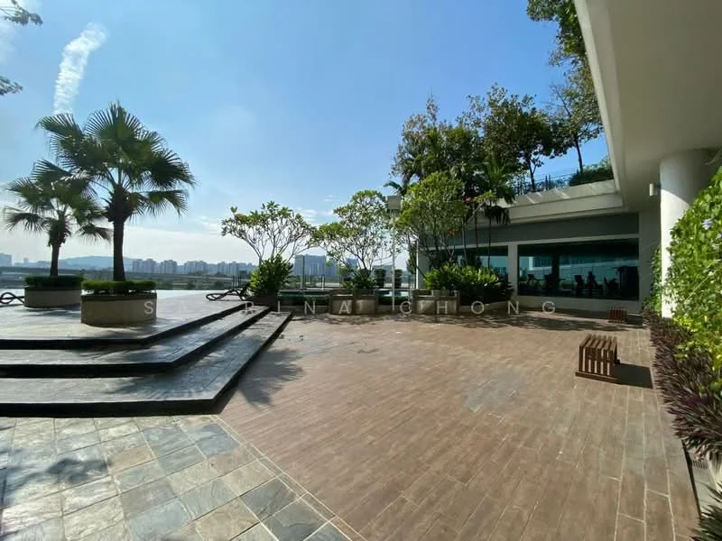 Exterior type: landscape garden; features: stone-paved walkway, manicured lawn, palm trees, tropical landscaping, outdoor seating area, view of city skyline, surrounded by greenery; style: modern.