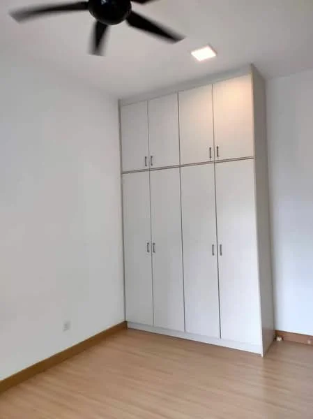 Bedroom features: light wood laminate flooring, white painted walls, built-in wardrobe with multiple doors, ceiling fan, recessed lighting; style: modern.