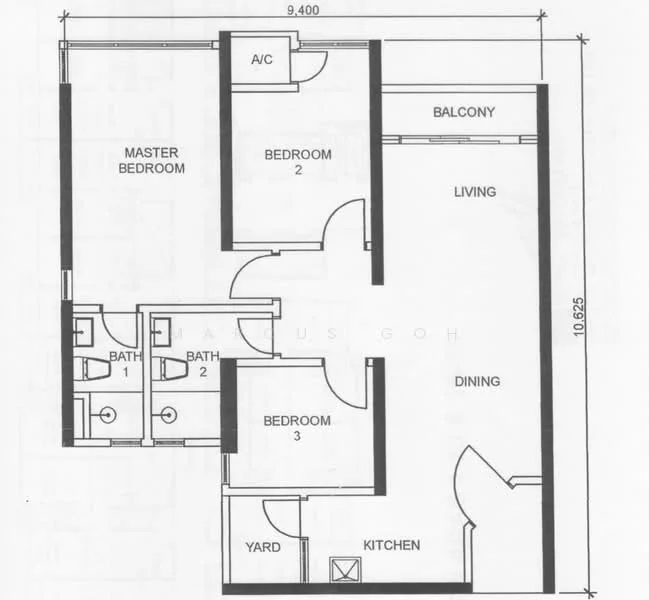 Floor plan: 3-bedroom 2-bathroom unit; features: open-plan kitchen-dining-living, master bedroom with ensuite bathroom, bedroom 2 with shared bathroom, balcony off living room, yard area, utility room.