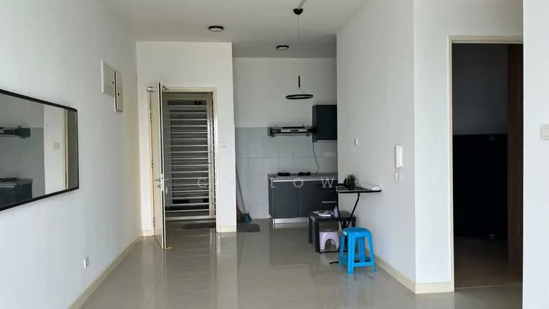 Room features: white painted walls, glossy tile flooring, recessed ceiling lights, open kitchen layout, kitchen cabinetry in dark color, stainless-steel sink, single-bowl stainless-steel sink, countertop with space for appliances, wall-mounted kitchen hood, small dining table, blue stool, metal door with security grill, doorway leading to another room; style: modern.