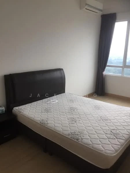Bedroom features: queen-size bed, upholstered headboard, nightstand, floor-to-ceiling window, curtains, wall-mounted split AC, light wood flooring, plain white walls; style: modern; view: city.