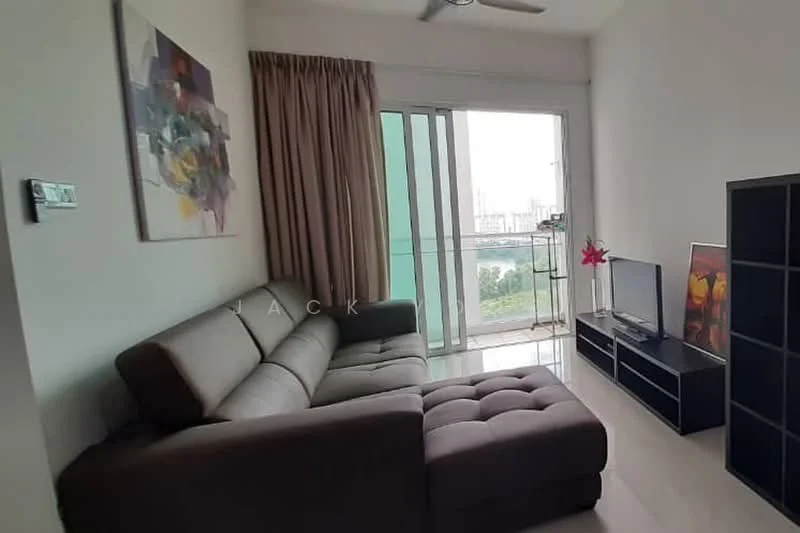 Living features: L-shape sectional sofa in grey, coffee table, wall-mounted TV, TV console, floor-to-ceiling windows, curtains, light-colored walls, polished tile flooring, ceiling fan; style: modern; view: city.
