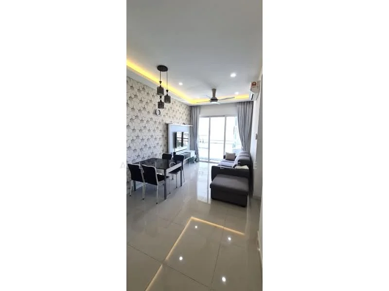 Living features: grey sectional sofa, black armchairs, glass coffee table, wall-mounted TV, decorative wall with floral pattern, recessed LED downlights, ceiling fan, sliding glass door, floor-to-ceiling windows, white walls, polished tile flooring, curtains; style: modern; view: city.