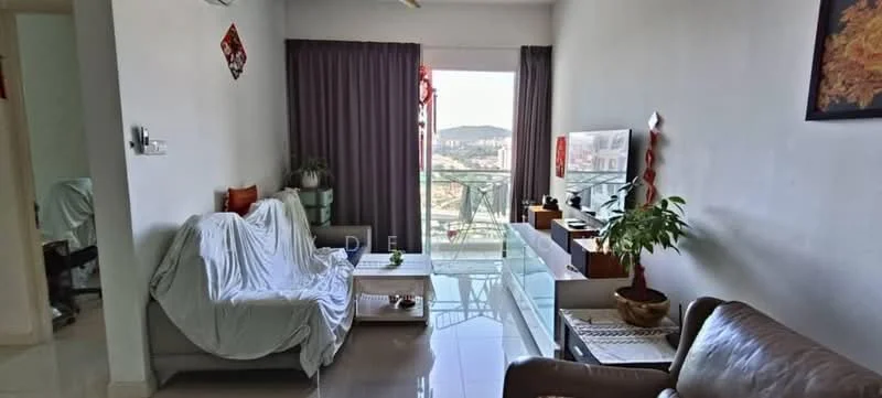 Living features: grey fabric sofa with white throw, glass coffee table, TV console, wall-mounted TV, floor-to-ceiling windows, curtains in dark grey, decorative plant, area rug, artwork on wall, light-colored walls, polished tile flooring; style: modern; view: city. Room features: white walls, doorway leading to another room.