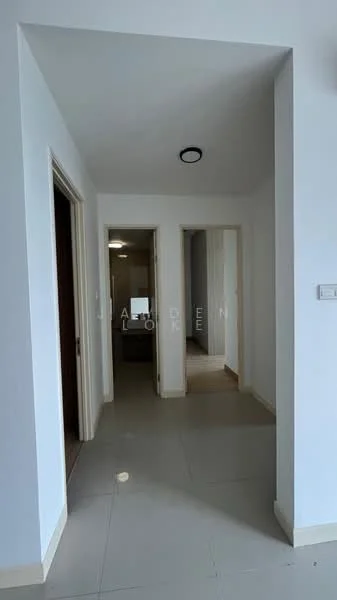 Room features: white painted walls, grey tiled flooring, ceiling light fixture, doorway leading to other rooms, door frames, neutral color scheme; style: modern.