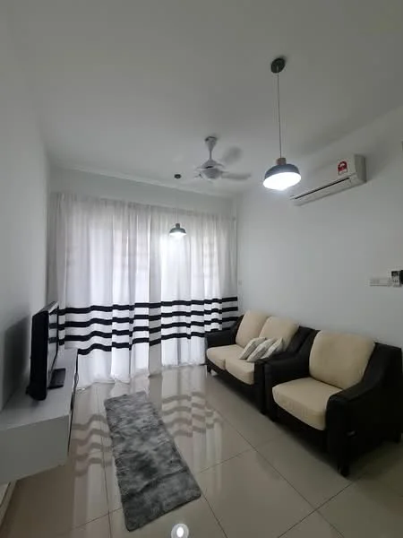 Living features: 2-seater beige sofa, 3-seater black sofa, flat-screen TV on white console, grey area rug, white walls, recessed downlights, 2 pendant lights, floor-to-ceiling windows with sheer curtains, wall-mounted split AC; style: modern.